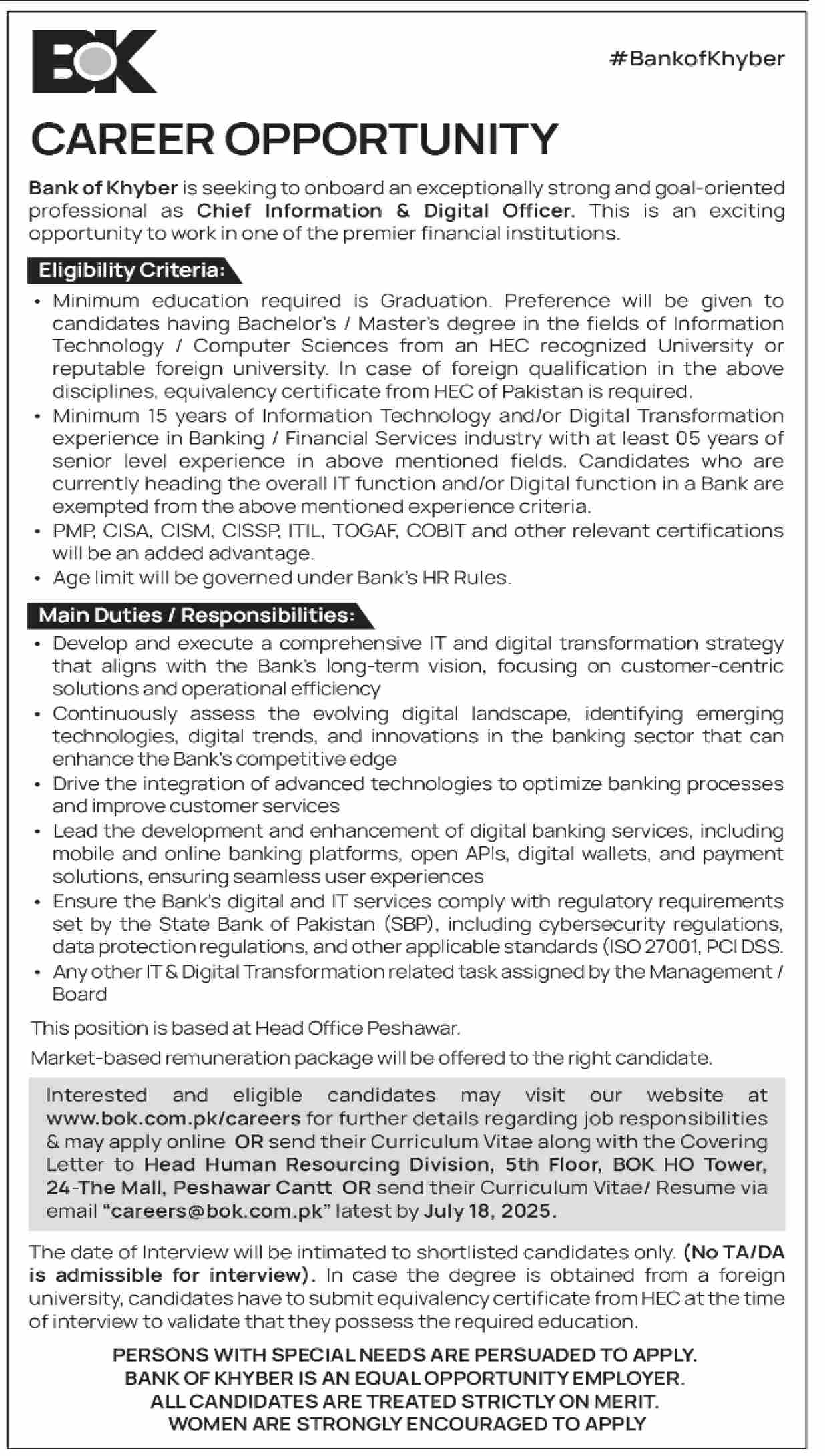 Jobs in Bank of Khyber KPK